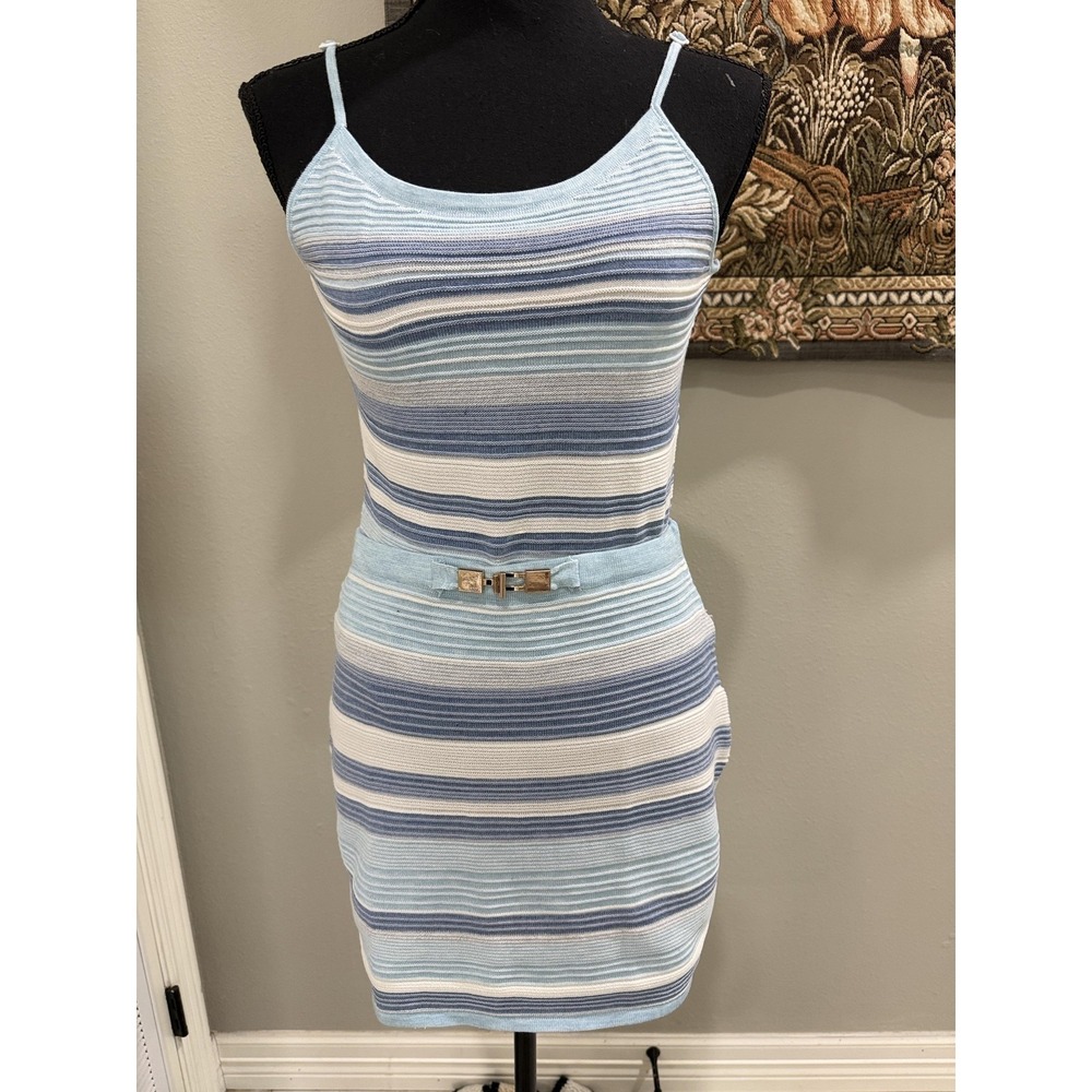 Two Piece Set Womens Medium Blue Striped Knit Tank Mini Skirt Belted Stretch